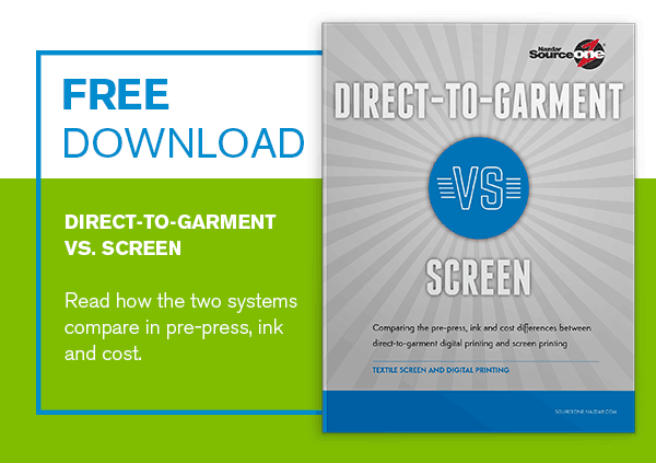 FREE DOWNLOAD! Direct-to-Garment vs Screen: Read how the two systems compare in pre-press, ink and cost.